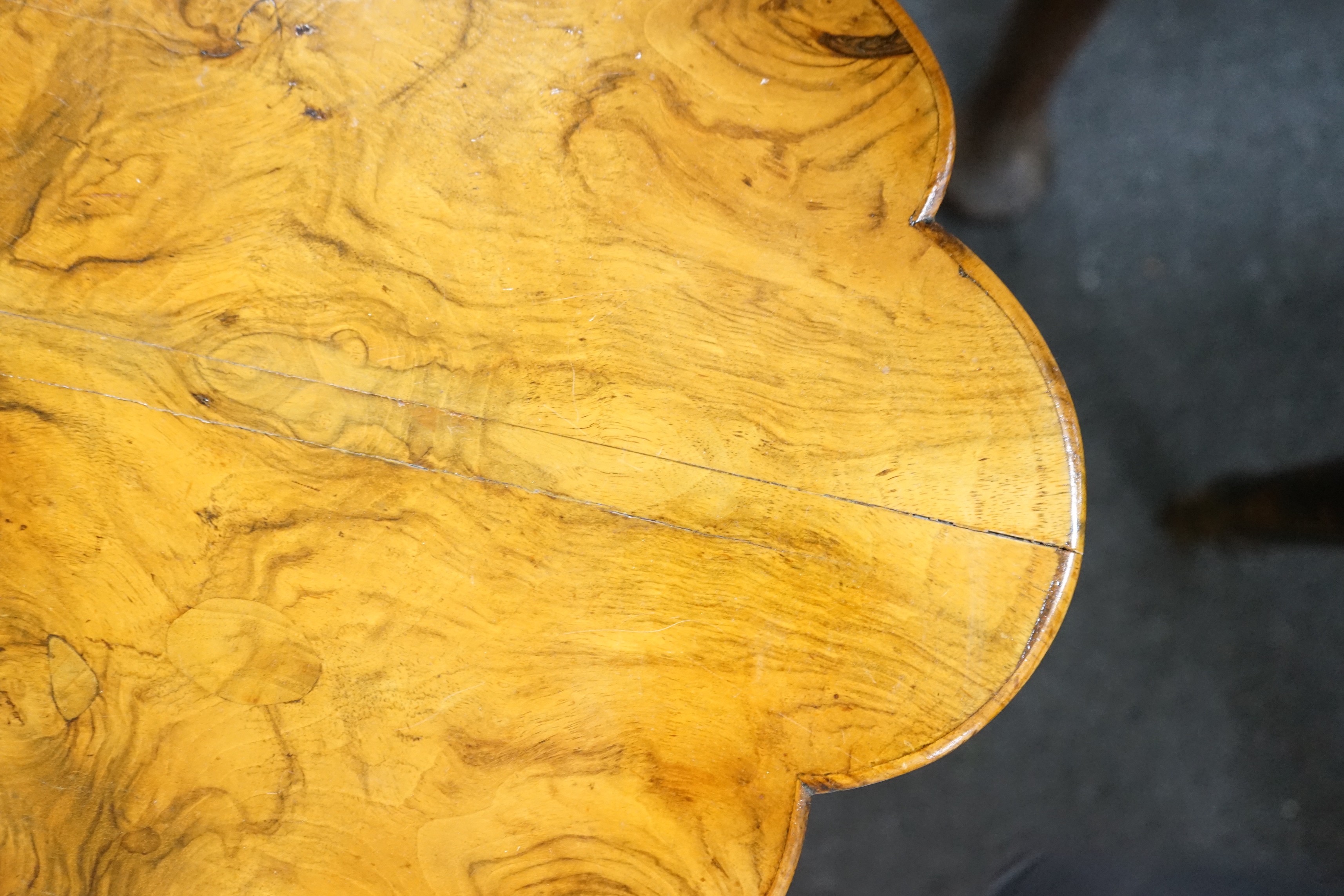 A Victorian burr walnut quarter veneered occasional table, width 93cm depth 70cm height 38cm